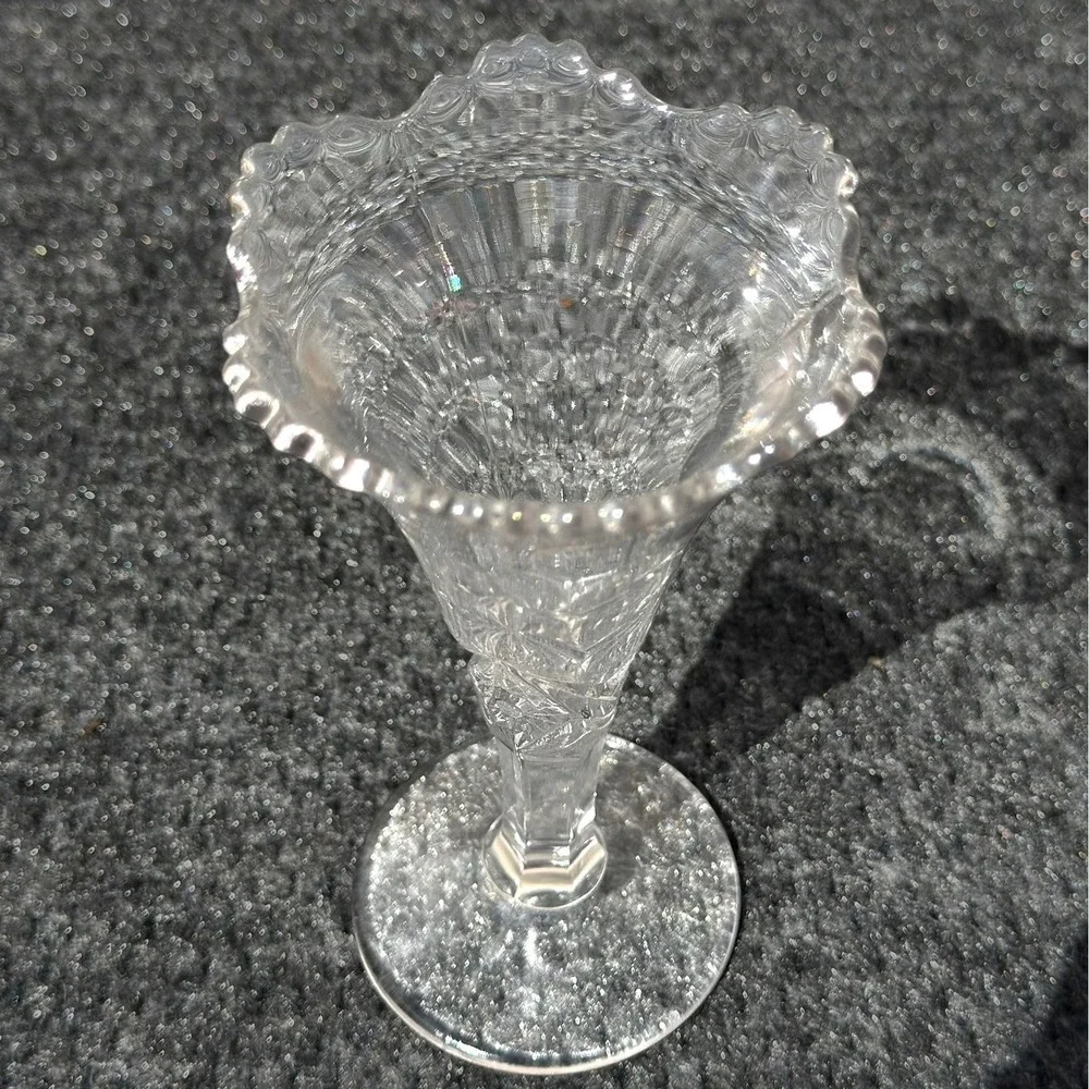 Vintage Clear Pressed Glass Bud Vase Scalloped Rim Star Diamond Pattern 6 Inch